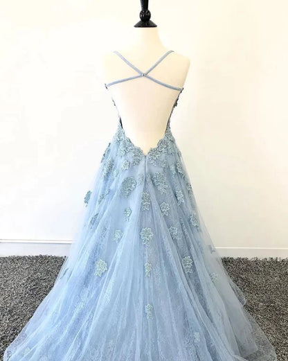 Sky Blue A Line Tulle Spaghetti Straps Criss Cross Back Prom Dresses With Lace Appliques