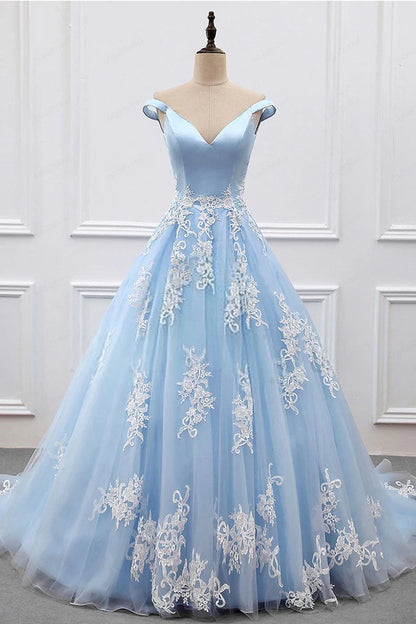 Appliques Charming Ball Gown Off-the-Shoulder V-Neck Prom Dresses