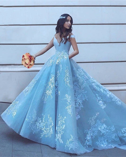 Appliques Charming Ball Gown Off-the-Shoulder V-Neck Prom Dresses