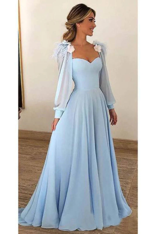 Sky Blue Chiffon Prom Dresses Long Sleeves Modest Formal Dress