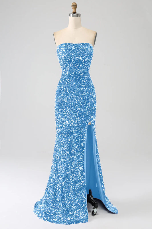 Amzcw Sky Blue Mermaid Strapless Sequins Long Prom Dress With Slit