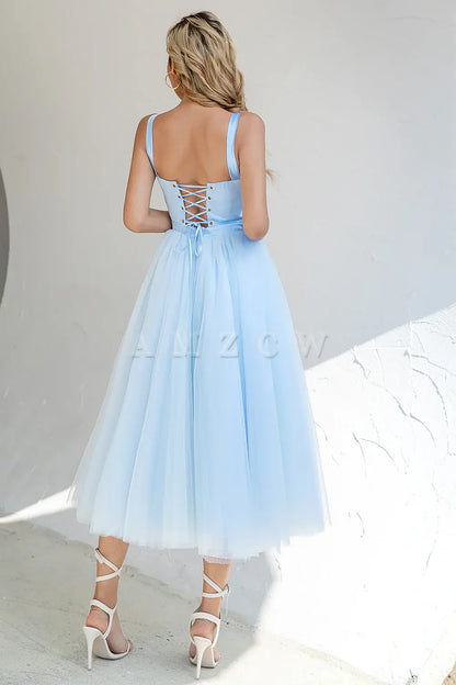 Amzcw Sky Blue A Line Tulle Cocktail Dress with Lace Up Back stores with prom dresses gowns evening dresses