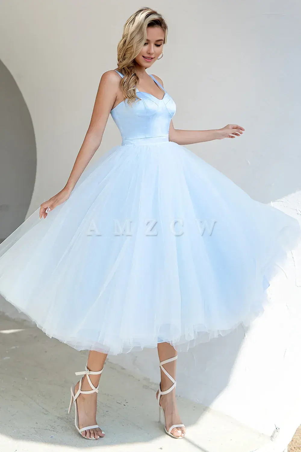 Amzcw Sky Blue A Line Tulle Cocktail Dress with Lace Up Back stores with prom dresses gowns evening dresses