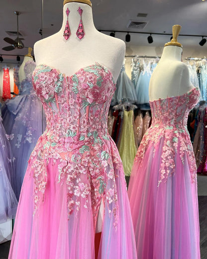 A Line Strapless Tulle With Applique Floor Length Prom Dresses