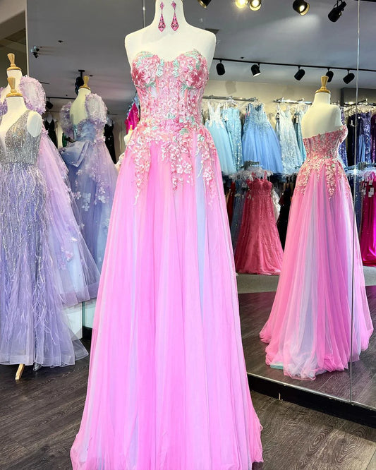 A Line Strapless Tulle With Applique Floor Length Prom Dresses