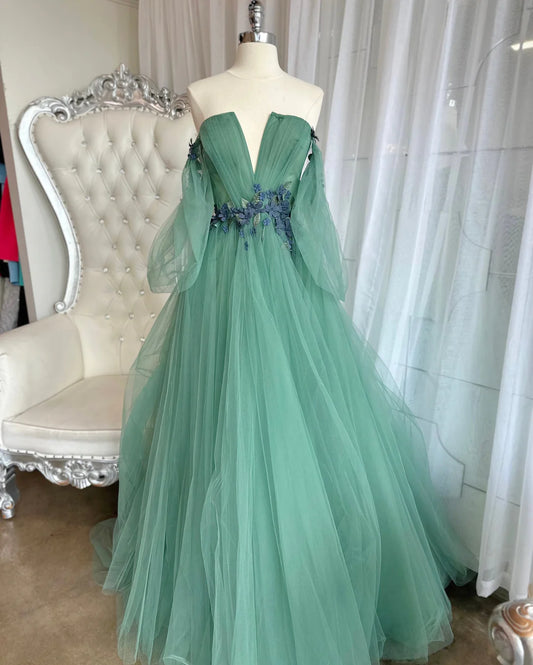 Off The Shoulder Prom Dresses A Line Tulle With Applique And Slit