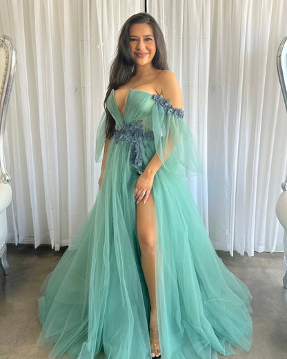 Off The Shoulder Prom Dresses A Line Tulle With Applique And Slit