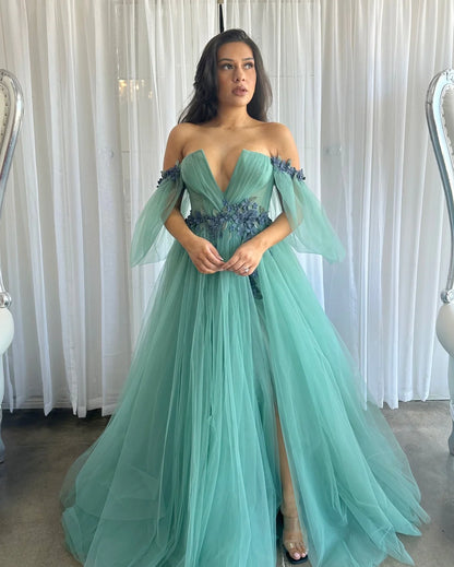 Off The Shoulder Prom Dresses A Line Tulle With Applique And Slit