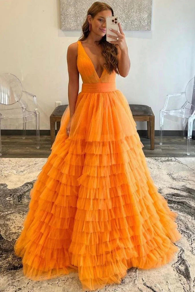 Spaghetti Straps A Line Prom Dresses Tulle With Ruffles Floor Length