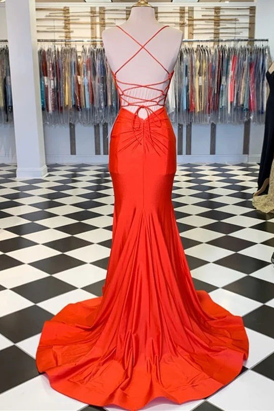 Spaghetti Straps Floor Length Satin Mermaid Prom Dresses Evening Dresses