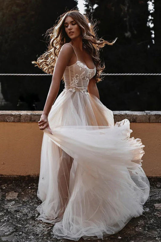 Spaghetti Straps Long Scoop Neck Elegant Open Back Wedding Dress