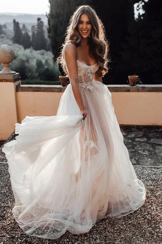 Spaghetti Straps Long Scoop Neck Elegant Open Back Wedding Dress