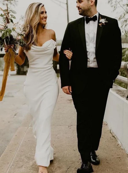 Spaghetti Straps Long Sheath Satin Wedding Dresses Bride Dresses