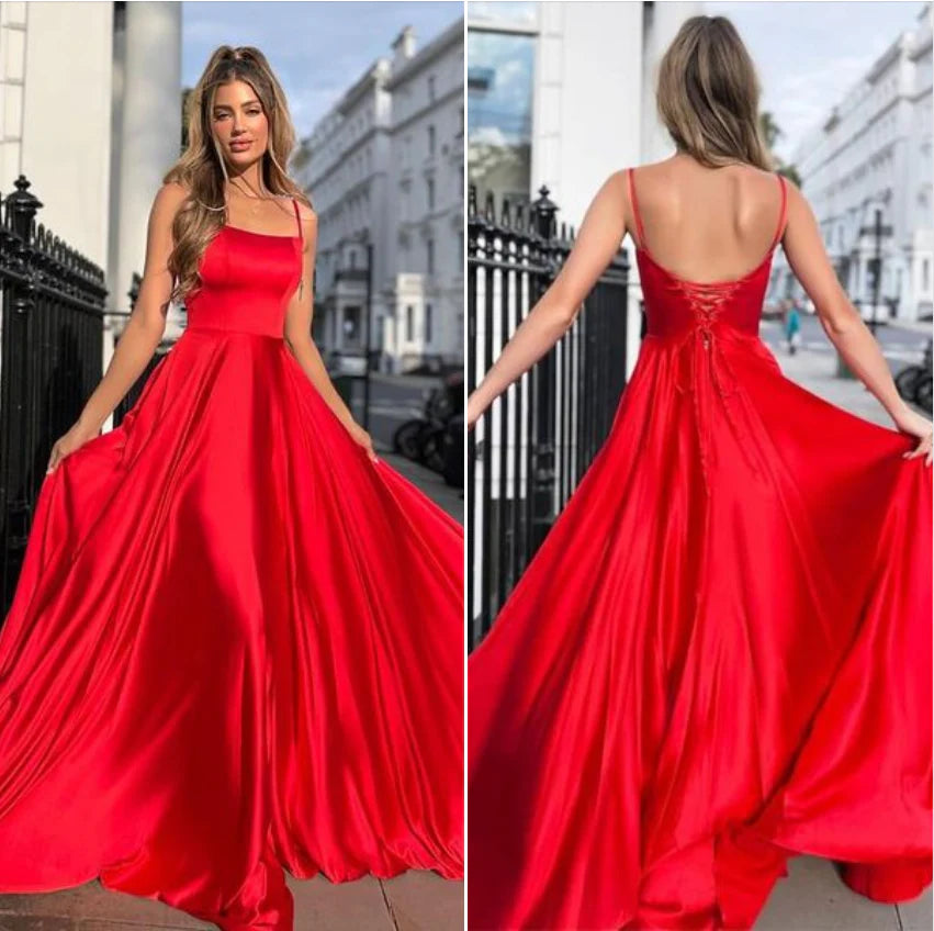 Spaghetti Straps Satin Long Red Open Back Simple Cheap Prom Dresses