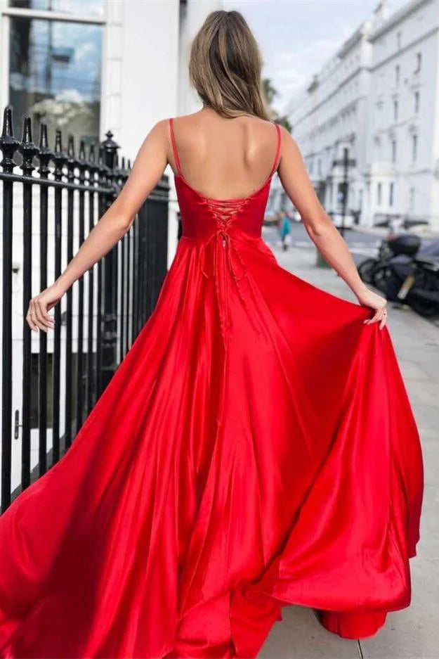 Spaghetti Straps Satin Long Red Open Back Simple Cheap Prom Dresses