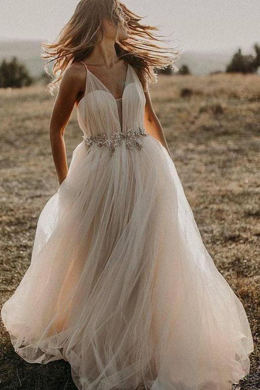 Spaghetti Straps Tulle Deep V-Neck Wedding Dresses