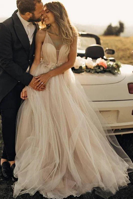 Spaghetti Straps Tulle Deep V-Neck Wedding Dresses