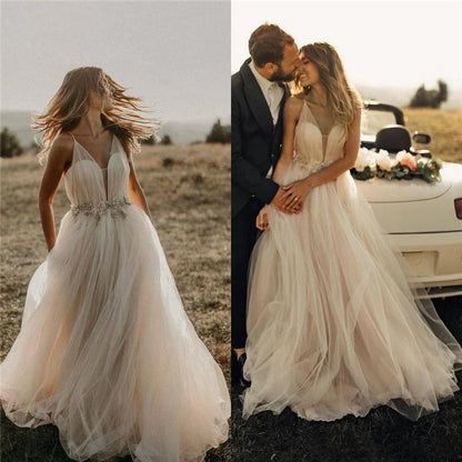 Spaghetti Straps Tulle Deep V-Neck Wedding Dresses