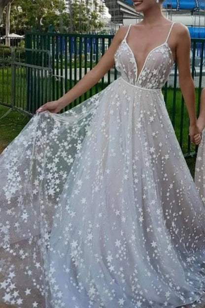 V Neck Sparkly Wedding Dress with Stars