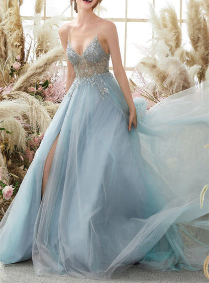 Spaghetti Straps V Neck Tulle Prom Dress With Appliques, A Line Long Formal Dress With Beads