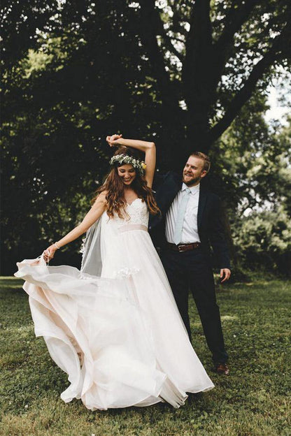 Spaghetti Straps Wedding Dresses A Line Tulle With Applique Court Train