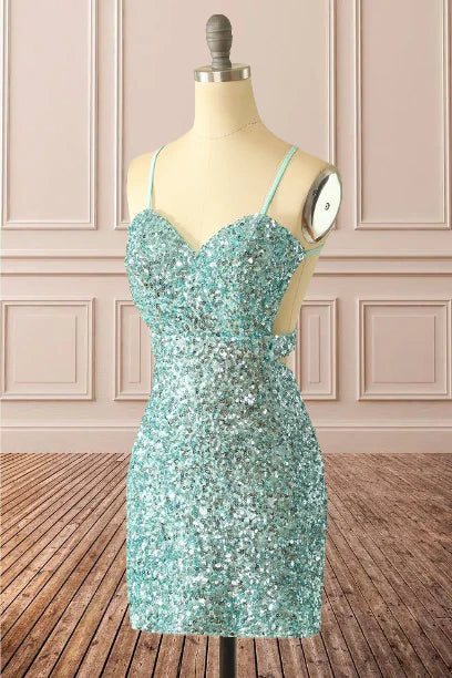 Sparkle Fitted And Sheath Spaghetti Straps Blue Homecoming Dress V Neck