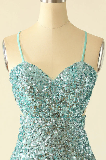 Sparkle Fitted And Sheath Spaghetti Straps Blue Homecoming Dress V Neck