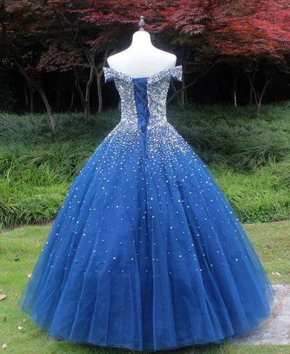 Sparkle Off The Shoulder Blue Ball Gown Prom Dresses, Puffy Tulle Quinceanera Dresses