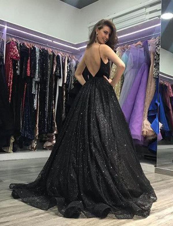 Sparkle Sequin Spaghetti Strap Black Long Prom Dresses With Slit Evening Dress