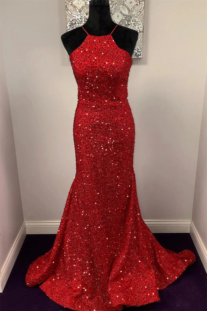 Sparkly Mermaid Open Back Halter Sequin Red Long Prom Dresses