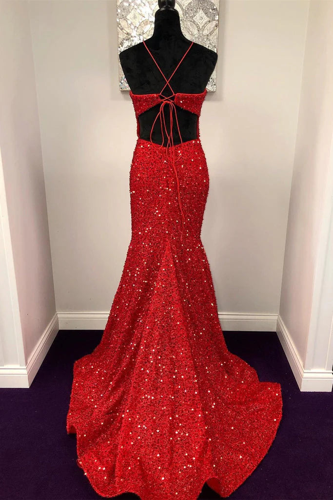 Sparkly Mermaid Open Back Halter Sequin Red Long Prom Dresses