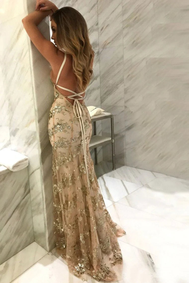 Sparkly Mermaid Open Back Sequin Shiny Sheath Long Champagne Prom Dresses