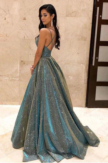 Sparkly Spaghetti Straps Green Sequins Prom Dresses, Backless Woman Dresses