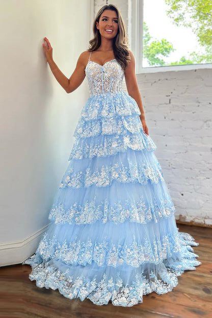 Sparkly Spaghetti Straps Tiered Sequin Embroidery Long Prom Dresses