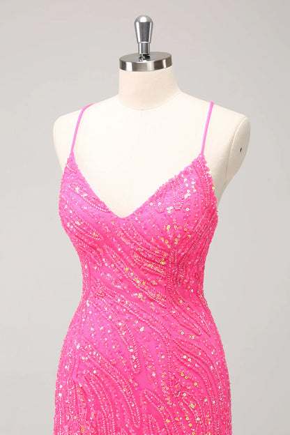 Amzcw Unique Glitter Hot Pink Spaghetti Straps Sequin Tight Homecoming Dress with Tassel