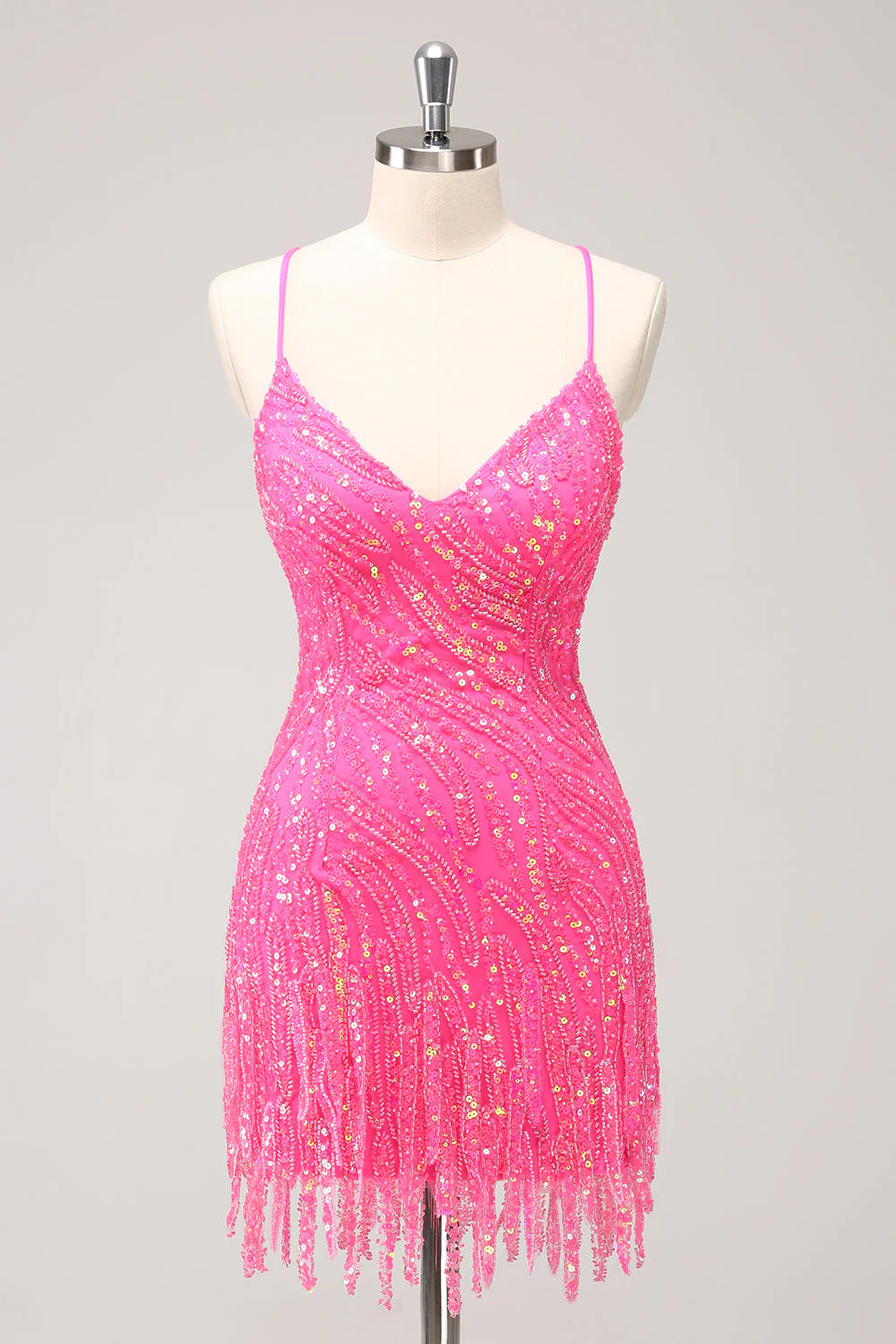 Amzcw Unique Glitter Hot Pink Spaghetti Straps Sequin Tight Homecoming Dress with Tassel