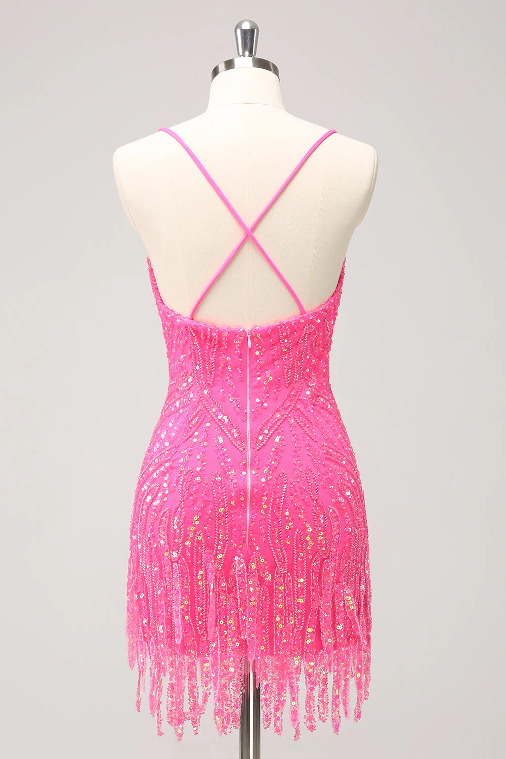 Amzcw Unique Glitter Hot Pink Spaghetti Straps Sequin Tight Homecoming Dress with Tassel