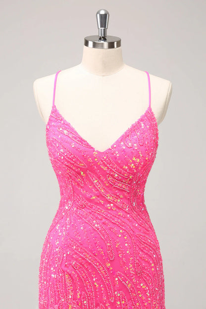 Amzcw Unique Glitter Hot Pink Spaghetti Straps Sequin Tight Homecoming Dress with Tassel