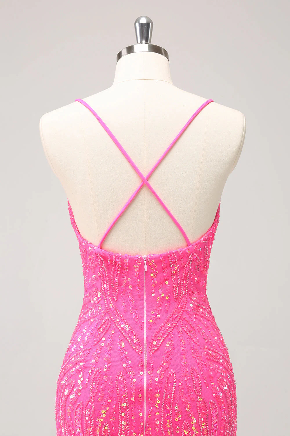 Amzcw Unique Glitter Hot Pink Spaghetti Straps Sequin Tight Homecoming Dress with Tassel