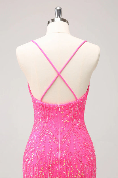 Amzcw Unique Glitter Hot Pink Spaghetti Straps Sequin Tight Homecoming Dress with Tassel