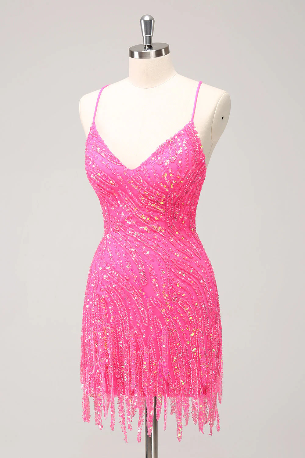 Amzcw Unique Glitter Hot Pink Spaghetti Straps Sequin Tight Homecoming Dress with Tassel