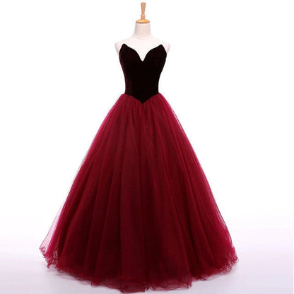 A-line Long V-Neck Tulle Burgundy Sleeveless Floor-Length Prom Dresses