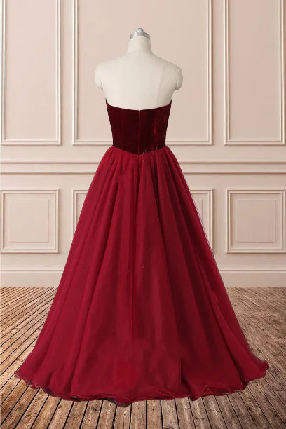 A-line Long V-Neck Tulle Burgundy Sleeveless Floor-Length Prom Dresses