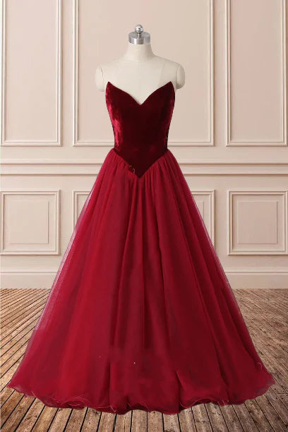 A-line Long V-Neck Tulle Burgundy Sleeveless Floor-Length Prom Dresses