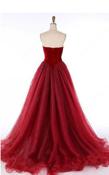 A-line Long V-Neck Tulle Burgundy Sleeveless Floor-Length Prom Dresses