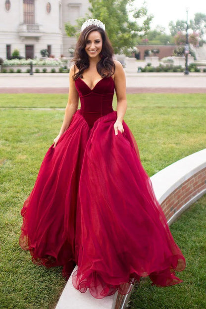 A-line Long V-Neck Tulle Burgundy Sleeveless Floor-Length Prom Dresses