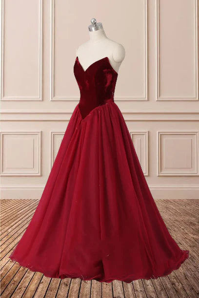 A-line Long V-Neck Tulle Burgundy Sleeveless Floor-Length Prom Dresses