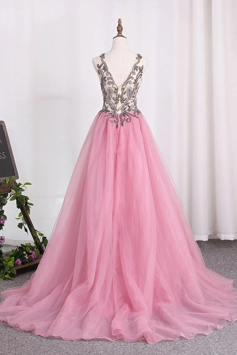 Straps Prom Dresses A Line Tulle With Beading And Slit New Arrival