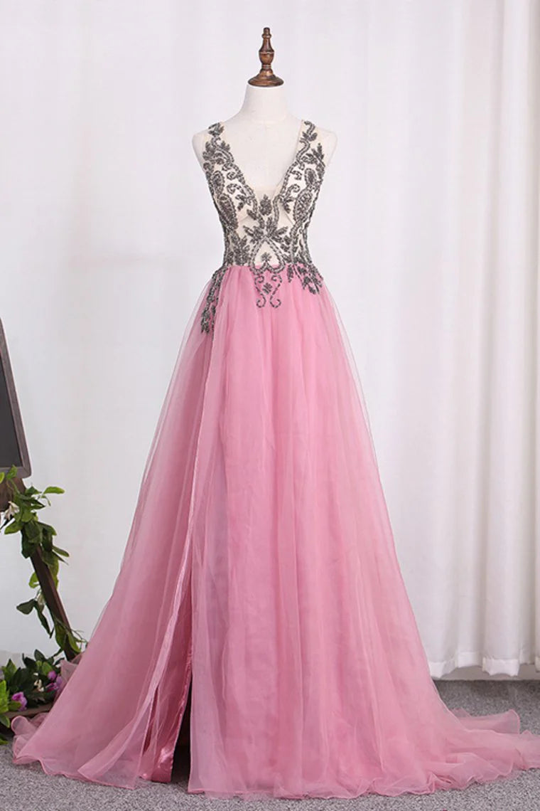 Straps Prom Dresses A Line Tulle With Beading And Slit New Arrival