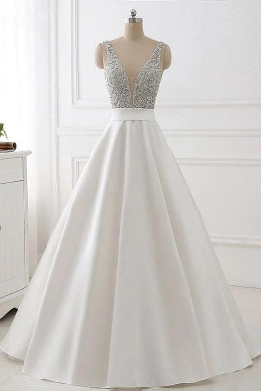 Stunning Ivory A-Line V-Neck Satin Backless Sleeveless Evening Prom Dress with Beaded